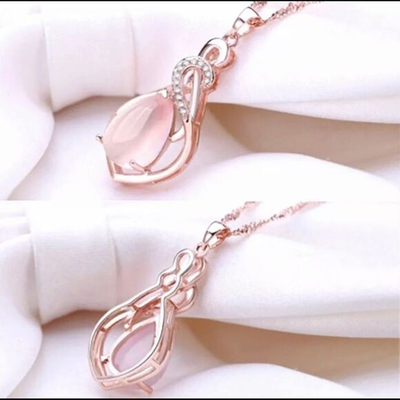 ELEGANT Rose Gold Tone CZ Diamond Pink Opal Necklace - Picture 4 of 7